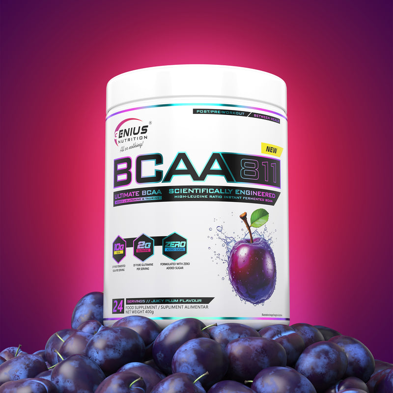 Load image into Gallery viewer, BCAA-811 400g 24serv Genius Nutrition Juicy Plum - Muscle recovery food supplement with branched-chain amino acids, enriched with glutamine and taurine.