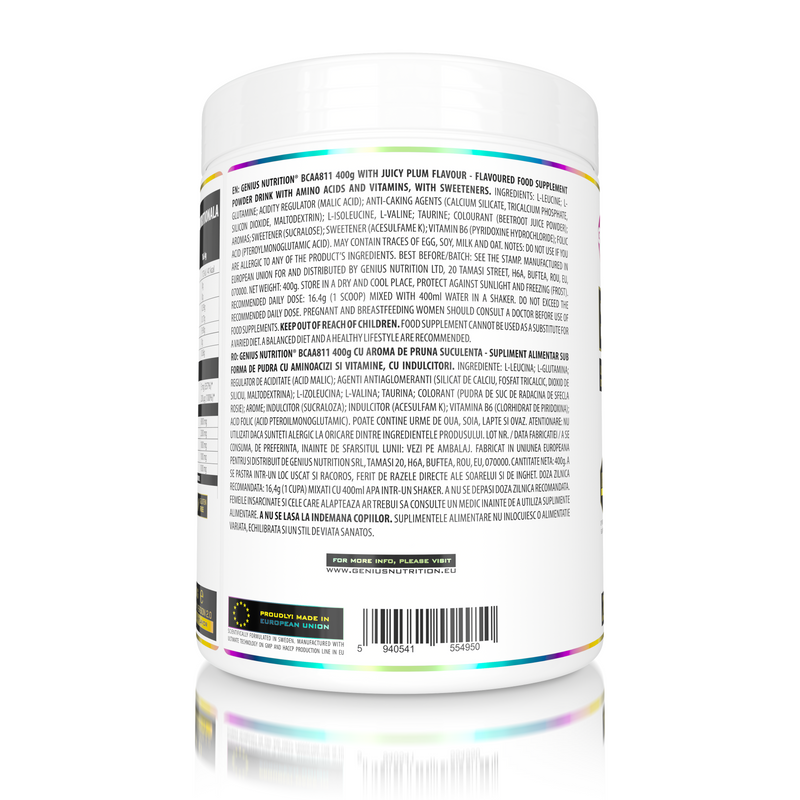 Load image into Gallery viewer, BCAA-811 400g 24serv Genius Nutrition Juicy Plum- Muscle recovery food supplement with branched-chain amino acids, enriched with glutamine and taurine.