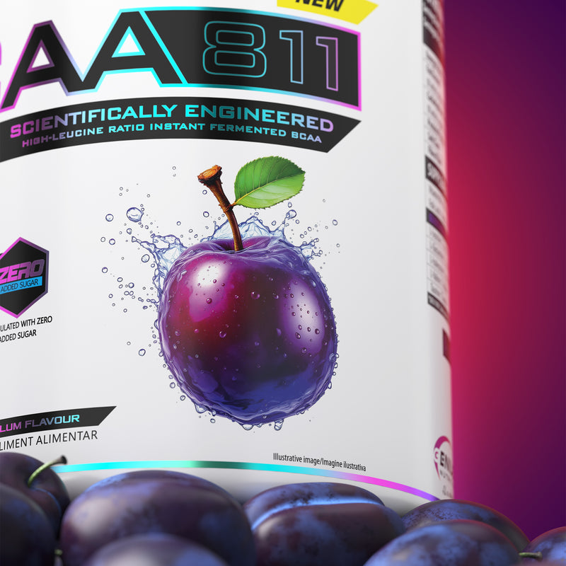 Load image into Gallery viewer, BCAA-811 400g 24serv Genius Nutrition Juicy Plum- Muscle recovery food supplement with branched-chain amino acids, enriched with glutamine and taurine.