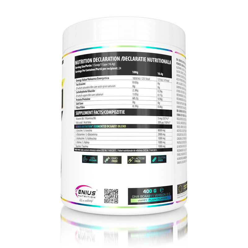Load image into Gallery viewer, BCAA-811 400g 24serv Genius Nutrition Juicy Plum- Muscle recovery food supplement with branched-chain amino acids, enriched with glutamine and taurine.