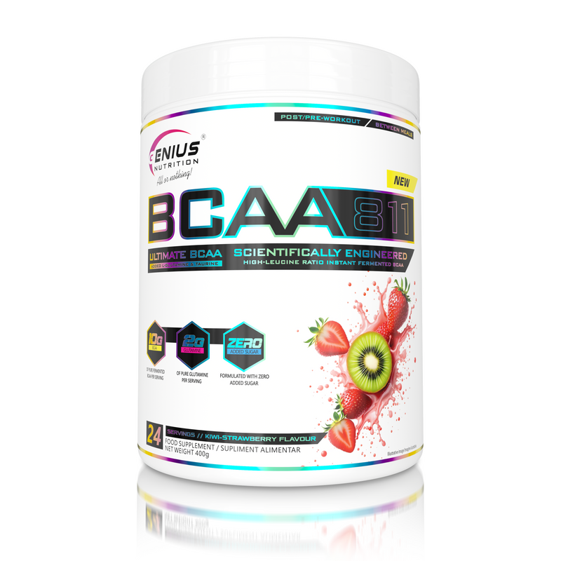 Load image into Gallery viewer, BCAA-811 400g 24serv Genius Nutrition Kiwi-Strawberry - Muscle recovery food supplement with branched-chain amino acids, enriched with glutamine and taurine.