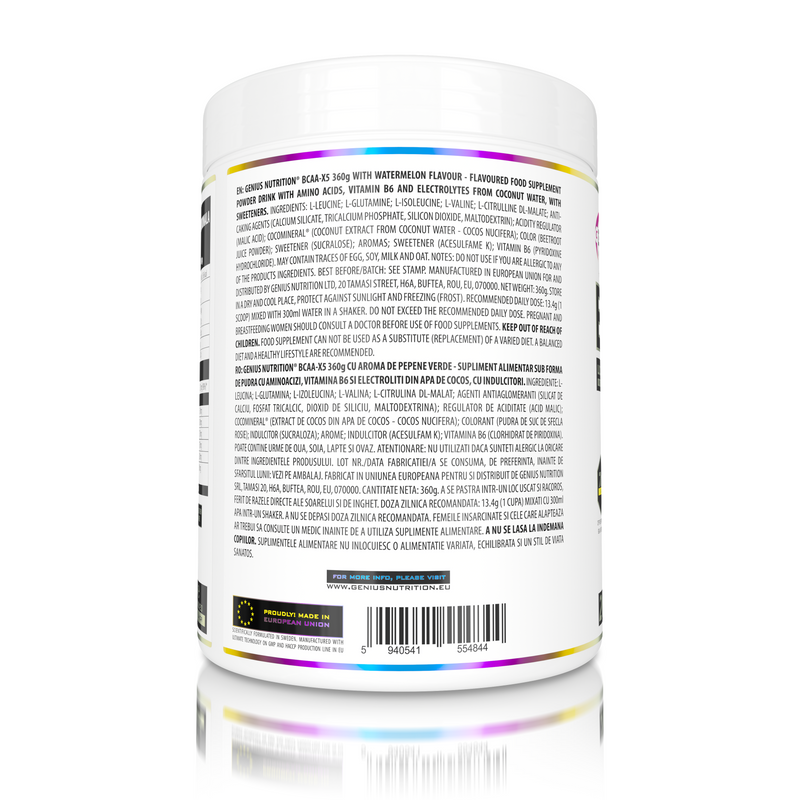 Load image into Gallery viewer, BCAA-X5 360g 26serv Genius Nutrition Watermelon - Food supplement for muscle recovery and hydration with amino acids, citrulline malate and electrolytes.