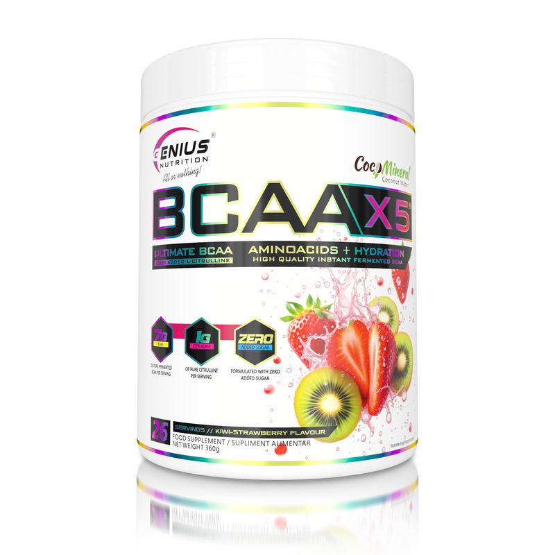 Load image into Gallery viewer, BCAA-X5 360g 26serv Genius Nutrition Kiwi-Strawberry - Food supplement for muscle recovery and hydration with amino acids, citrulline malate and electrolytes.