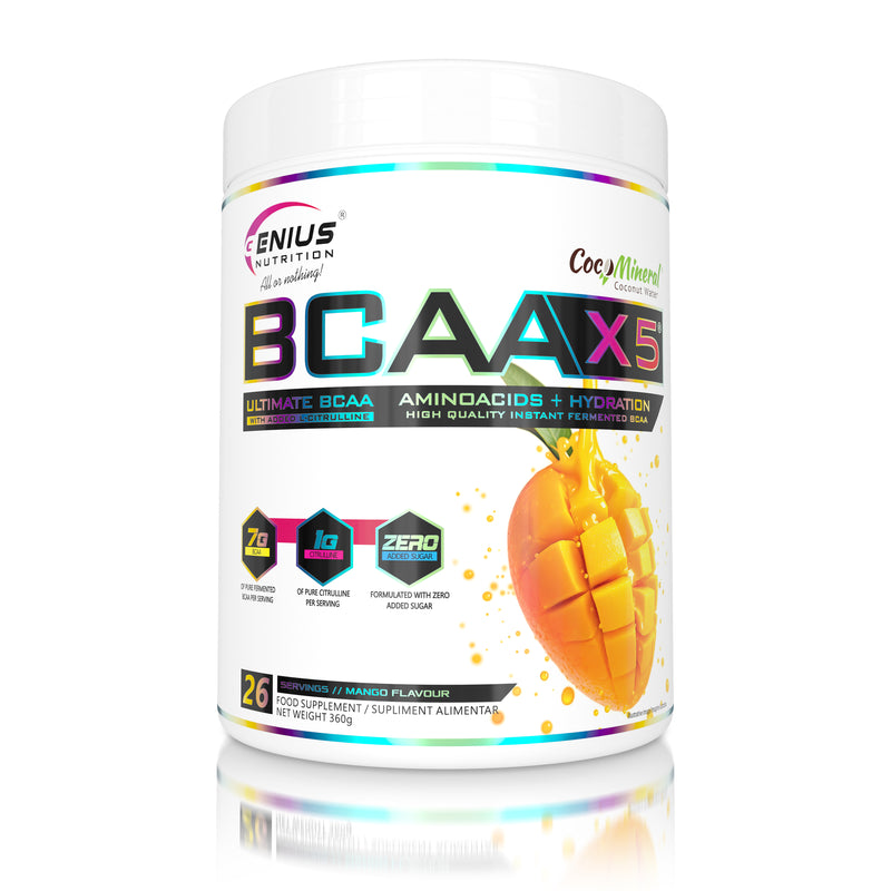 Load image into Gallery viewer, BCAA-X5 360g 26serv Genius Nutrition Mango – Food supplement for muscle recovery and hydration with amino acids, citrulline malate and electrolytes