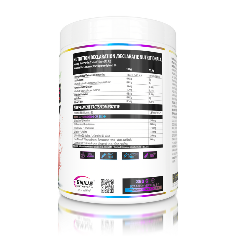 Load image into Gallery viewer, BCAA-X5 360g 26serv Genius Nutrition Watermelon - Food supplement for muscle recovery and hydration with amino acids, citrulline malate and electrolytes.
