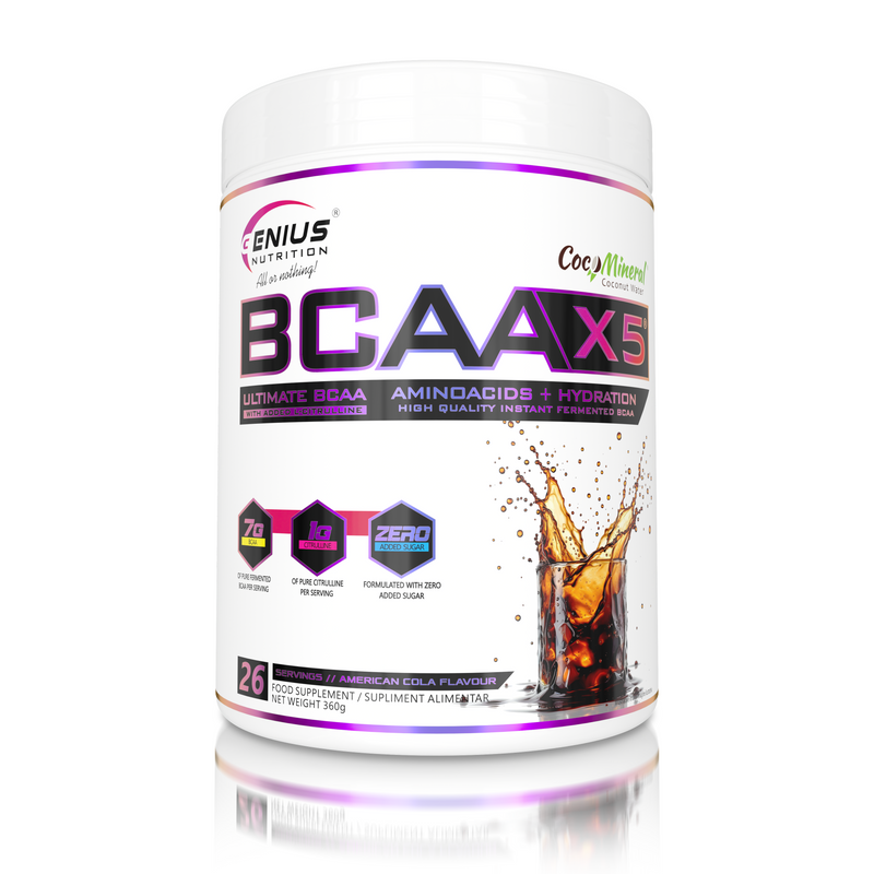 Load image into Gallery viewer, BCAA-X5 360g 26serv Genius Nutrition American Cola - Food supplement for muscle recovery and hydration with amino acids, citrulline malate and electrolytes.