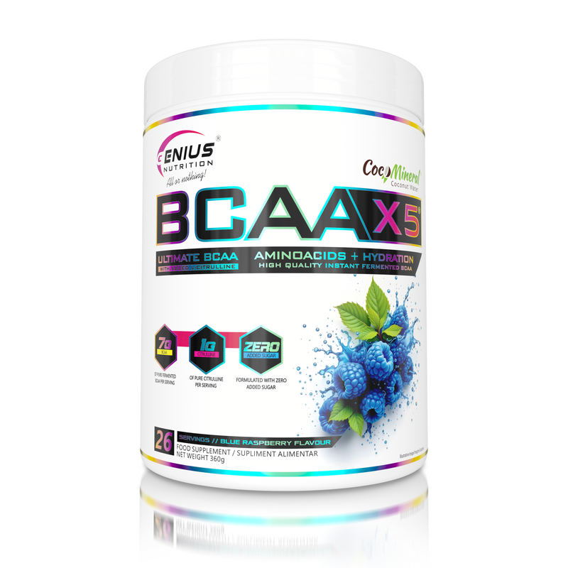 Load image into Gallery viewer, BCAA-X5 360g 26serv Genius Nutrition Blue Raspberry - Food supplement for muscle recovery and hydration with amino acids, citrulline malate and electrolytes.