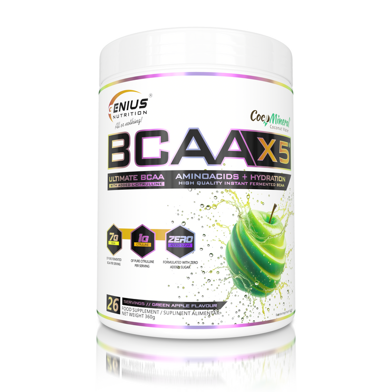 Load image into Gallery viewer, BCAA-X5 360g 26serv Genius Nutrition Green Apple - Food supplement for muscle recovery and hydration with amino acids, citrulline malate and electrolytes.