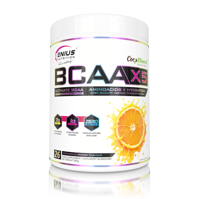 Load image into Gallery viewer, BCAA-X5 360g 26serv Genius Nutrition Orange - Food supplement for muscle recovery and hydration with amino acids, citrulline malate and electrolytes.
