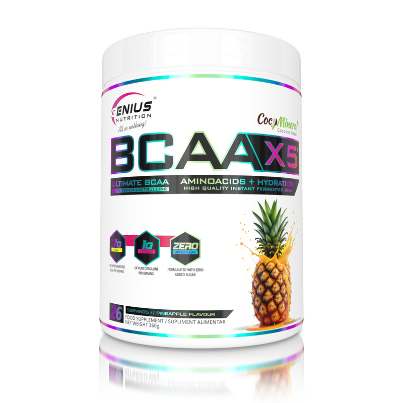 Load image into Gallery viewer, BCAA-X5 360g 26serv Genius Nutrition Pineapple - Food supplement for muscle recovery and hydration with amino acids, citrulline malate and electrolytes.