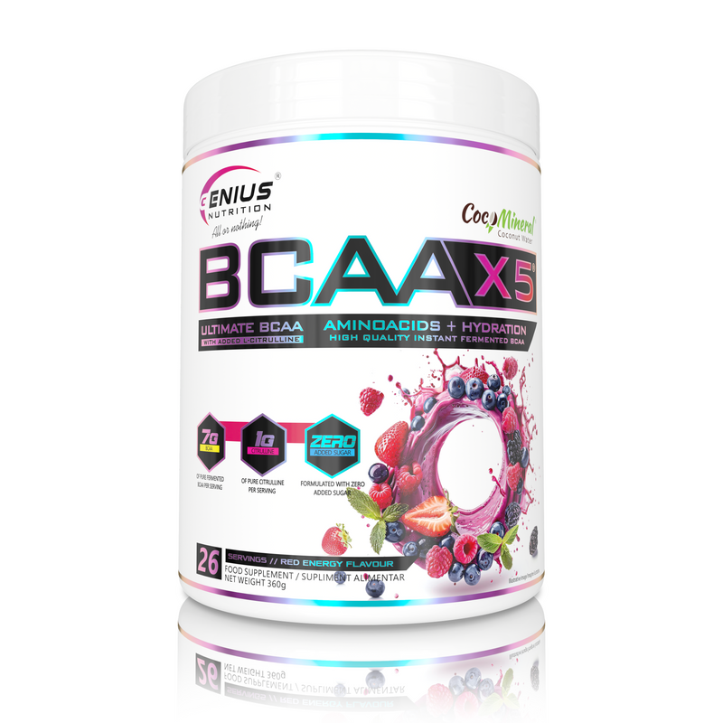 Load image into Gallery viewer, BCAA-X5 360g 26serv Genius Nutrition Red Energy - Food supplement for muscle recovery and hydration with amino acids, citrulline malate and electrolytes.