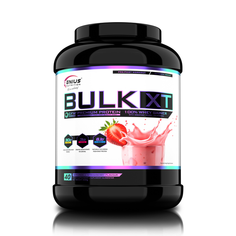 Load image into Gallery viewer, BULK-XT 4000g 40serv Genius Nutrition - Mass gainer supplement to support muscle growth, with protein and carbohydrates, enriched with creatine and ZMB6, strawberry flavour.