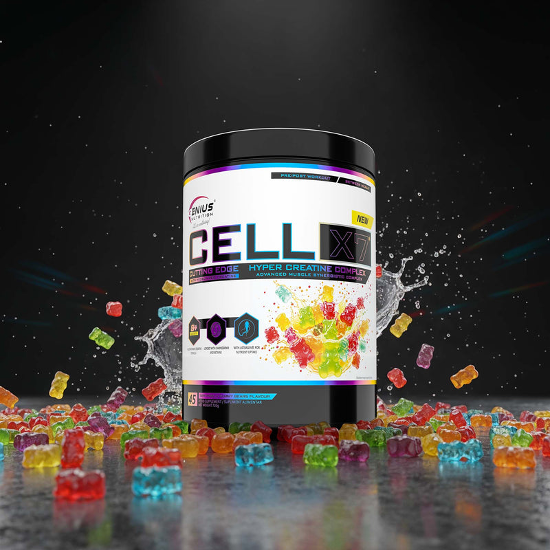 Load image into Gallery viewer, CELL-X7 720g 45serv Genius Nutrition Gummy Bears – Supplement with an advanced creatine formula designed to support muscle growth, increase strength and endurance, boost ATP production, and enhance hydration and volumization with superior absorption and bioavailability.