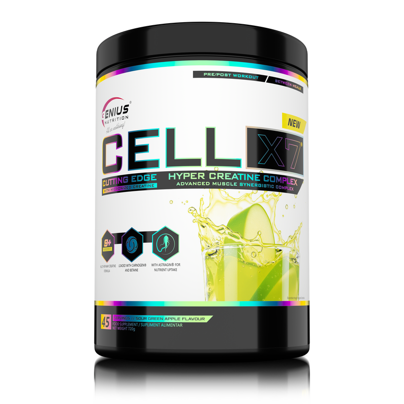 Load image into Gallery viewer, CELL-X7 720g 45serv Genius Nutrition Sour Grean Apple – Supplement with an advanced creatine formula designed to support muscle growth, increase strength and endurance, boost ATP production, and enhance hydration and volumization with superior absorption and bioavailability.