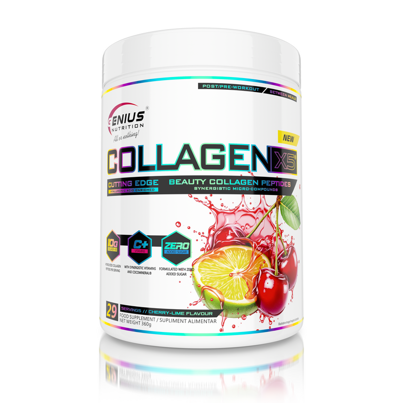 Load image into Gallery viewer, COLLAGEN-X5 360g 29serv Genius Nutrition Cherry-Lime - Skin, hair, nails and joint care supplement with digestive benefits enriched with coconut water electrolytes (CocoMineral®).