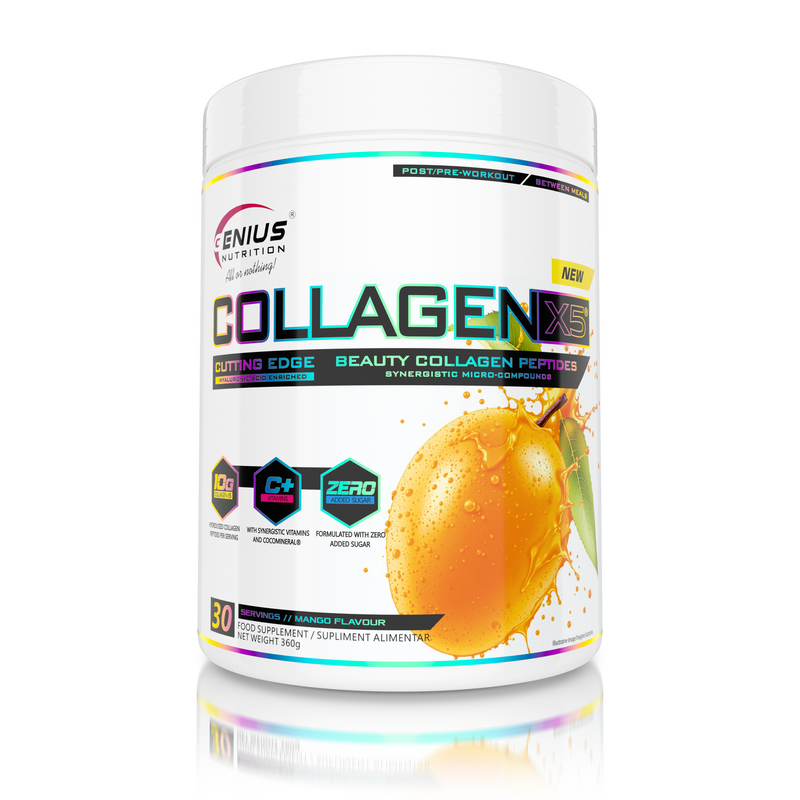 Load image into Gallery viewer, COLLAGEN-X5 360g 30serv Genius Nutrition Mango - Skin, hair, nails and joint care supplement with digestive benefits enriched with coconut water electrolytes (CocoMineral®).