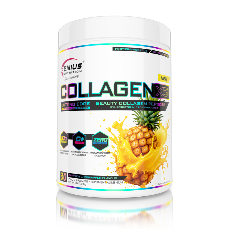 Load image into Gallery viewer, COLLAGEN-X5 360g 30serv Genius Nutrition Pineapple - Skin, hair, nails and joint care supplement with digestive benefits enriched with coconut water electrolytes (CocoMineral®).