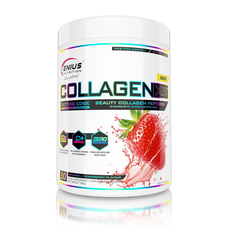 Load image into Gallery viewer, COLLAGEN-X5 360g 30serv Genius Nutrition Wild Strawberry - Skin, hair, nails and joint care supplement with digestive benefits enriched with coconut water electrolytes (CocoMineral®).
