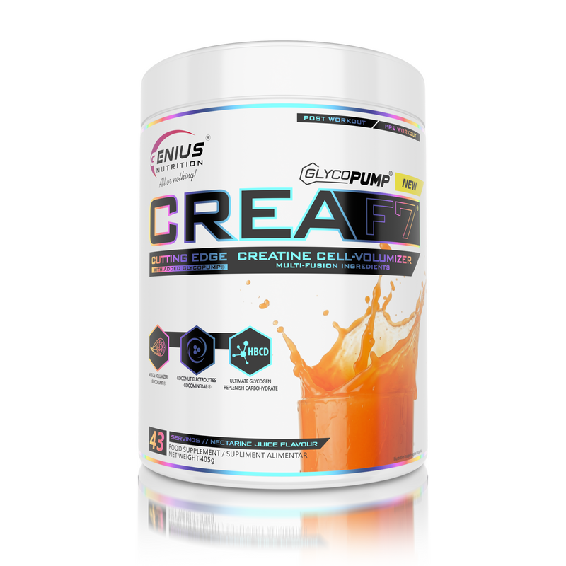 Load image into Gallery viewer, CREA-F7 405g 43serv Genius Nutrition Nectarine Juice - Supplement with 6 types of creatine for lean muscle mass gain, energy, pump, and superior hydration.