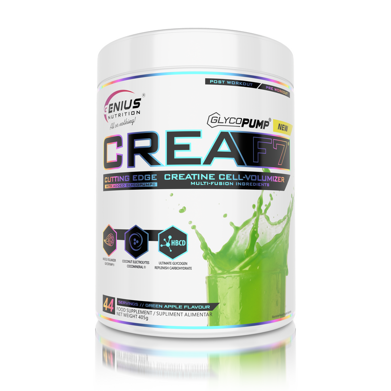 Load image into Gallery viewer, CREA-F7 405g 44serv Genius Nutrition Green Apple - Supplement with 6 types of creatine for lean muscle mass gain, energy, pump, and superior hydration.