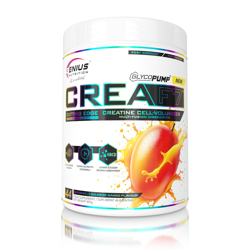 Load image into Gallery viewer, CREA-F7 405g 45serv Genius Nutrition Balinese Mango - Supplement for ATP production with six types of creatine for muscle mass increase, energy, pump and hydration (CocoMineral®).