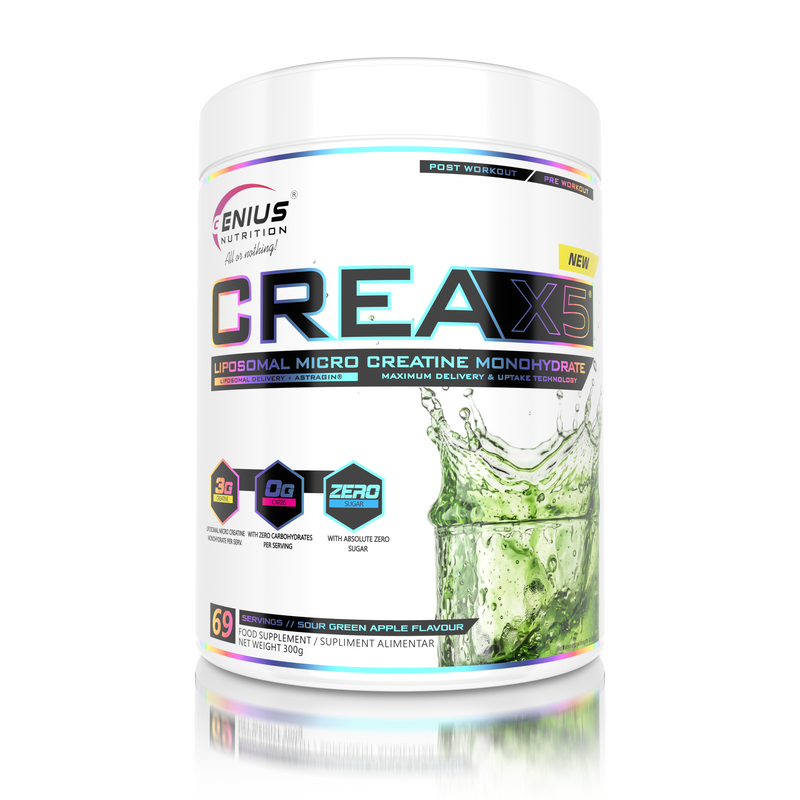 Load image into Gallery viewer, CREA-X5 Genius Nutrition 300g 69serv Sour Green Apple - Dietary supplement featuring liposomal creatine monohydrate and AstraGin®, formulated to enhance energy, strength, and overall physical performance.