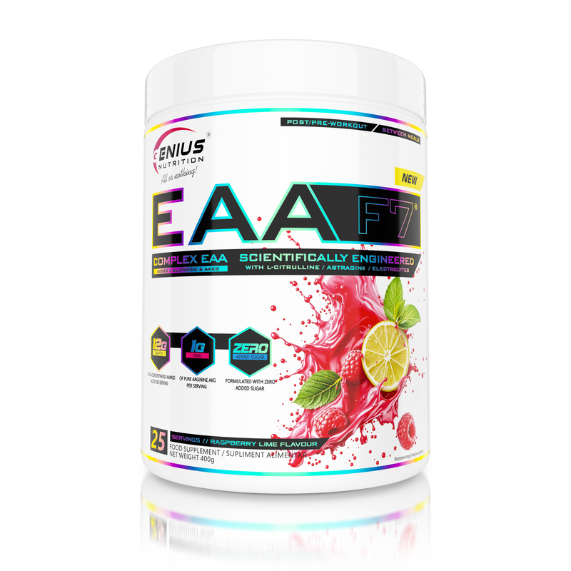 Load image into Gallery viewer, EAA-F7 400g 25serv Genius Nutrition - Essential amino acids-based supplement, designed for fast recovery, muscle growth and support of focus, enriched with AstraGin® for superior absorption with raspberry lime flavor.