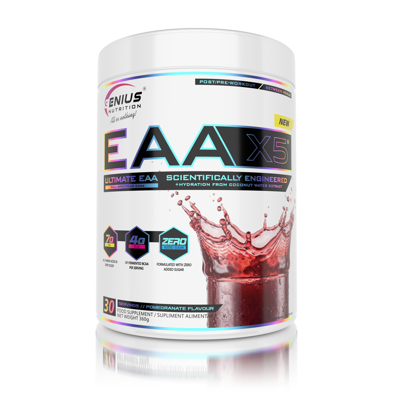 Load image into Gallery viewer, EAA-X5 360g 30 servings Genius Nutrition – Essential amino acid supplement for muscle recovery and growth, enriched with CocoMineral® for effective hydration, with a flavored taste of pomegranate.