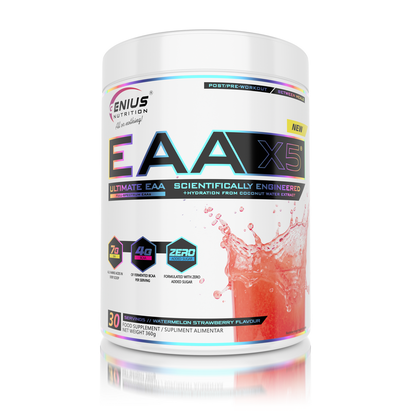 Load image into Gallery viewer, EAA-X5 360g 30 servings Genius Nutrition – Essential amino acid supplement for muscle recovery and growth, enriched with CocoMineral® for effective hydration, with a flavored taste of watermelon strawberry.