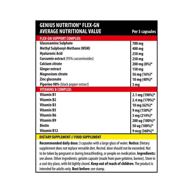 Load image into Gallery viewer, FLEX-GN 90caps 30serv Genius Nutrition – Natural anti inflammatory supplement created for joint and bone health enriched with B vitamins.