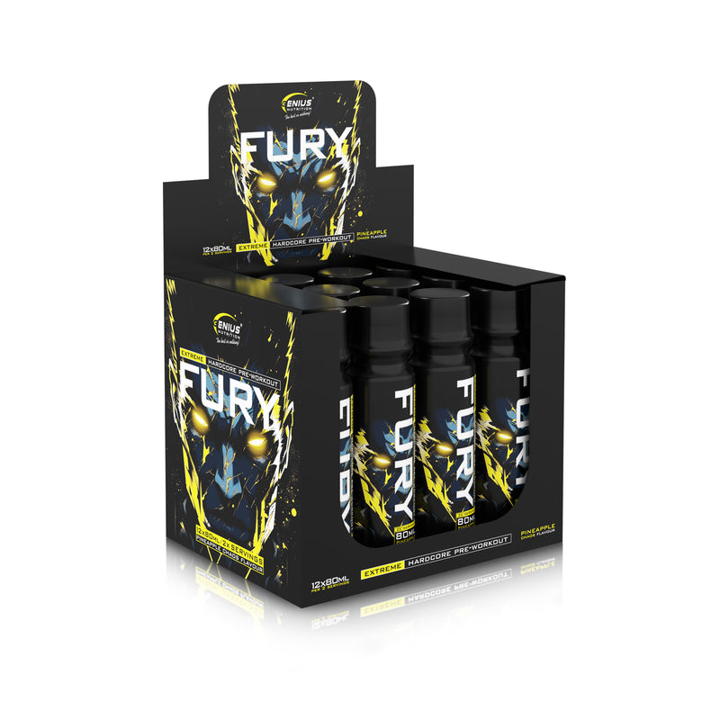 Load image into Gallery viewer, FURY EXTREME SHOT 80ml 2serv Genius Nutrition Pineapple Chaos - RTD pre-workout supplement with high caffeine content for energy, focus and endurance.