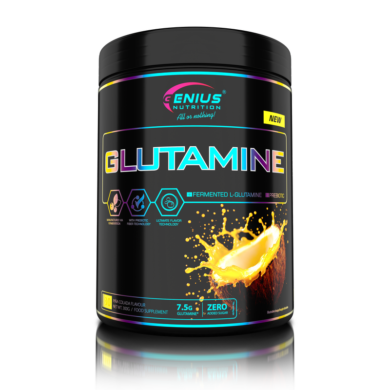 Load image into Gallery viewer, GLUTAMINE 300g 30 servings Genius Nutrition – Glutamine supplement for supporting gut health, strengthening the immune system, and aiding muscle recovery after intense workouts, with pina colada flavor.