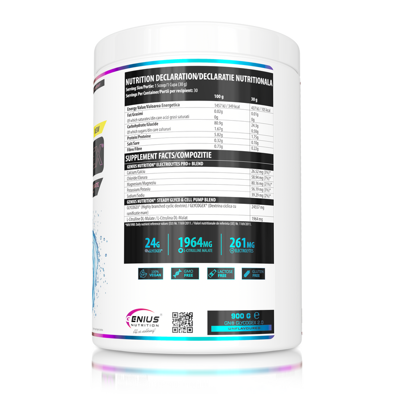 Load image into Gallery viewer, GLYCOGEX 900g 30 serv Genius Nutrition - Fast-absorbing intra-workout supplement designed to replenish glycogen, support endurance, enhance muscle pump, and provide hydration without gastric discomfort, unflavored.