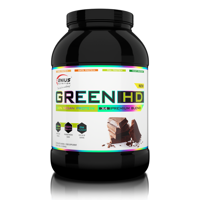 Load image into Gallery viewer, GREEN-HD 750g 25serv Genius Nutrition Chocolate - Vegan protein powder supplement with no added sugar, sourced from 4 plant-based sources designed for muscle growth, efficient recovery and preventing catabolism.