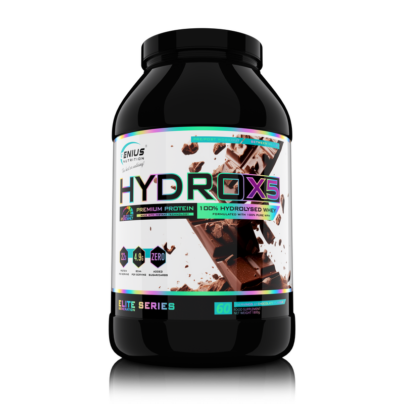 Load image into Gallery viewer, HYDRO-X5 1800g 60serv Genius Nutrition Chocolate - Hydrolyzed whey protein supplement with rapid absorption with no added sugar and reduced lactose content for muscle recovery and growth.