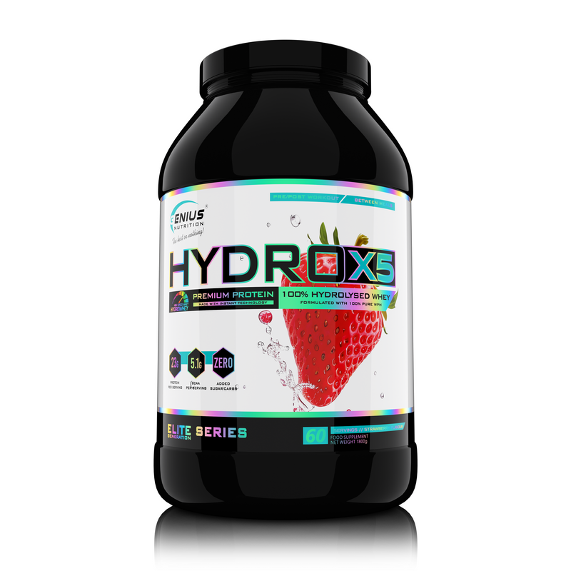 Load image into Gallery viewer, HYDRO-X5 1800g 60serv Genius Nutrition Strawberry - Hydrolyzed whey protein supplement with rapid absorption with no added sugar and reduced lactose content for muscle recovery and growth.