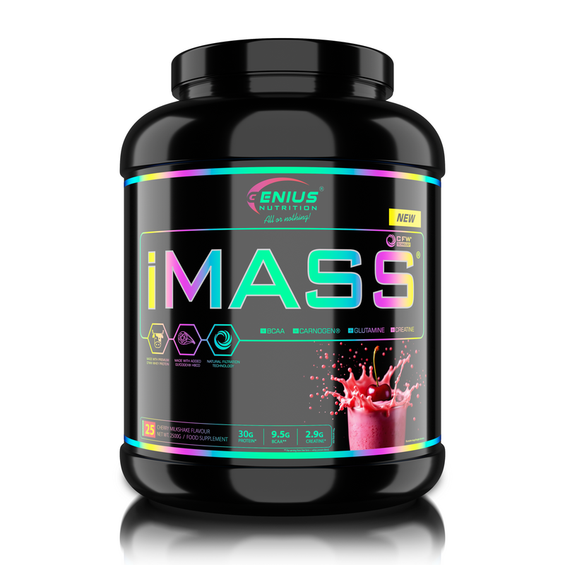 Load image into Gallery viewer, IMASS Genius Nutrition 2500g 25serv – Mass gainer food supplement with whey protein, complex carbohydrates, BCAA, glutamine and creatine, formulated to support muscle mass growth, post-workout recovery, increased strength and physical performance, enhanced ATP production and glycogen replenishment, with efficient absorption and a creamy texture, cherry milkshake flavour.