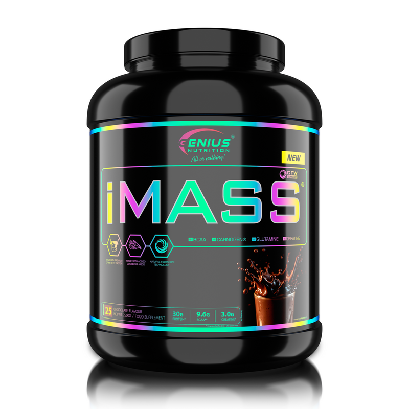 Load image into Gallery viewer, IMASS Genius Nutrition 2500g 25serv – Mass gainer food supplement with whey protein, complex carbohydrates, BCAA, glutamine and creatine, formulated to support muscle mass growth, post-workout recovery, increased strength and physical performance, enhanced ATP production and glycogen replenishment, with efficient absorption and a creamy texture, chocolate flavour.
