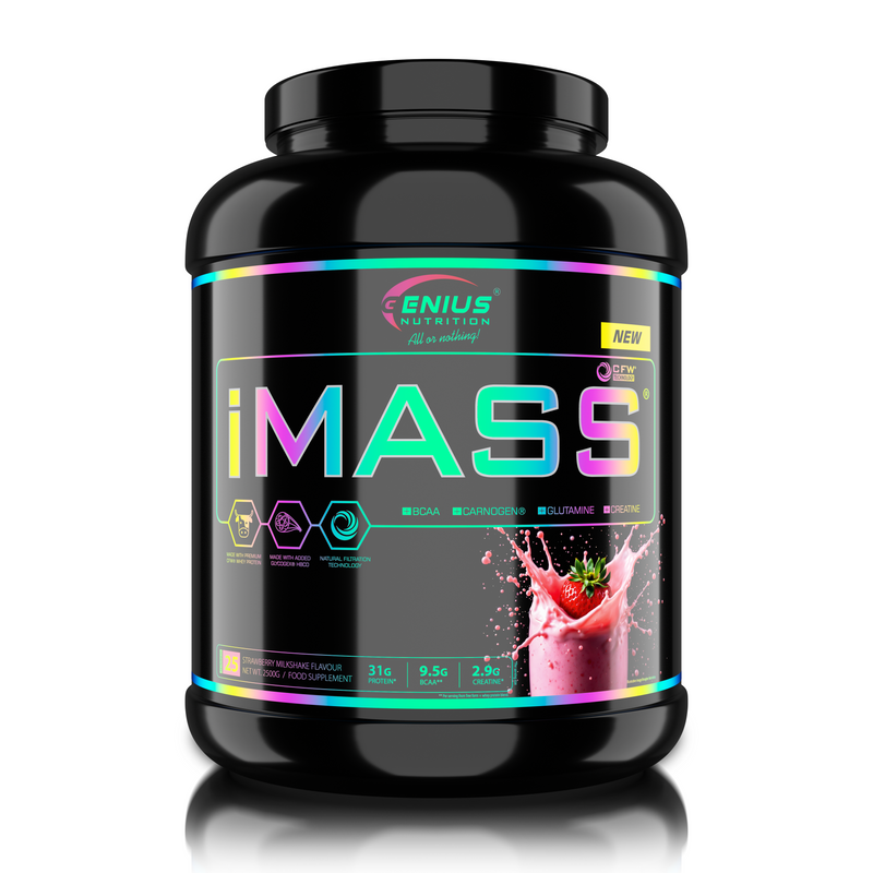 Load image into Gallery viewer, IMASS Genius Nutrition 2500g 25serv – Mass gainer food supplement with whey protein, complex carbohydrates, BCAA, glutamine and creatine, formulated to support muscle mass growth, post-workout recovery, increased strength and physical performance, enhanced ATP production and glycogen replenishment, with efficient absorption and a creamy texture, strawberry milkshake flavour.
