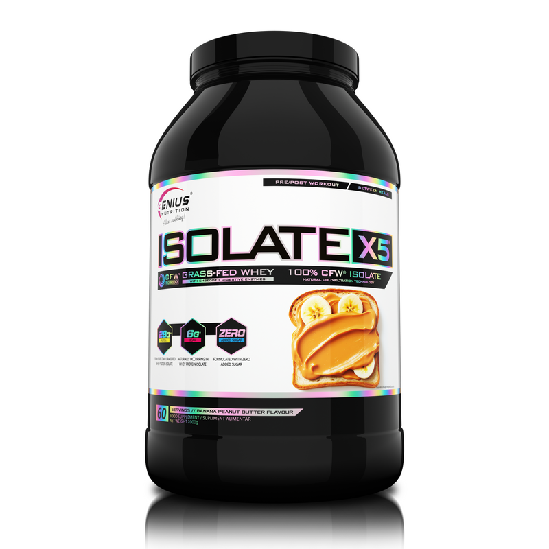Load image into Gallery viewer, ISOLATE-X5 2000g 60serv Genius Nutrition Banana Peanut Butter - Fast absorbing WPI supplement with low carb content and rich in BCAA, obtained through natural CFW® filtration.