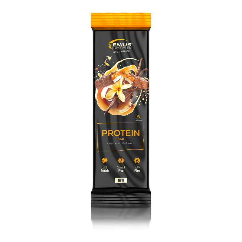 Load image into Gallery viewer, MULTILAYER PROTEIN BAR 50g Genius Nutrition - Protein bar with exceptional taste and balanced nutritional profile, 196 kcal, 11g fat, and 12g protein with vanilla caramel flavor.