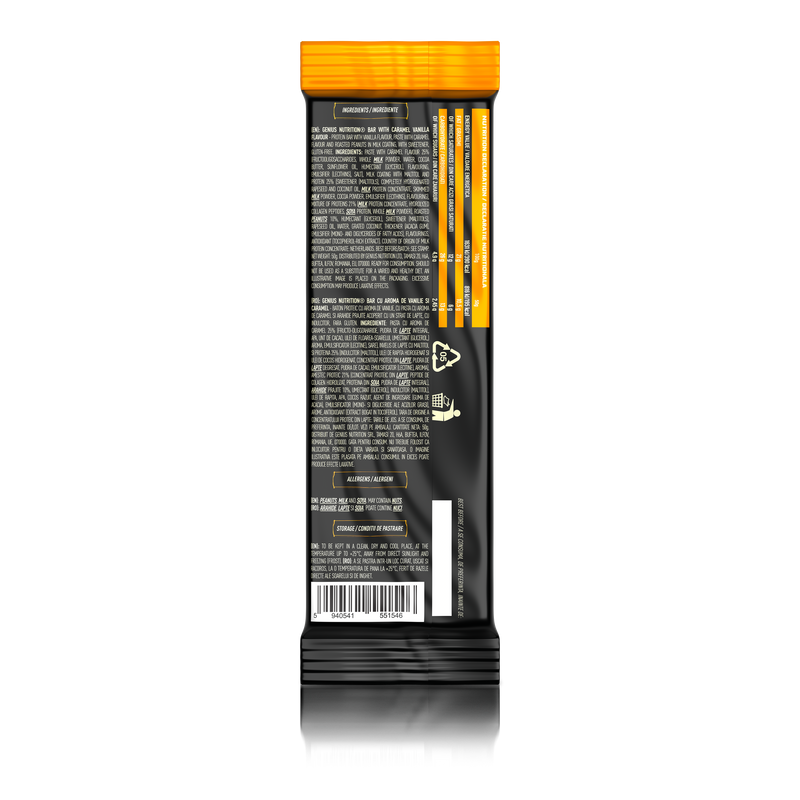 Load image into Gallery viewer, MULTILAYER PROTEIN BAR 50g Genius Nutrition - Protein bar with exceptional taste and balanced nutritional profile, 196 kcal, 11g fat, and 12g protein with vanilla caramel flavor.