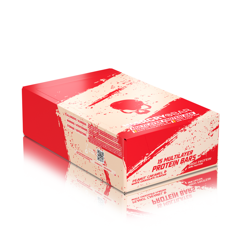Load image into Gallery viewer, Multilayer Protein Bar WARCRY Peanut Caramel & White Chocolate 55g - Low-calorie protein bar with no added sugar, featuring a hazelnut and caramel flavor coated in white chocolate.