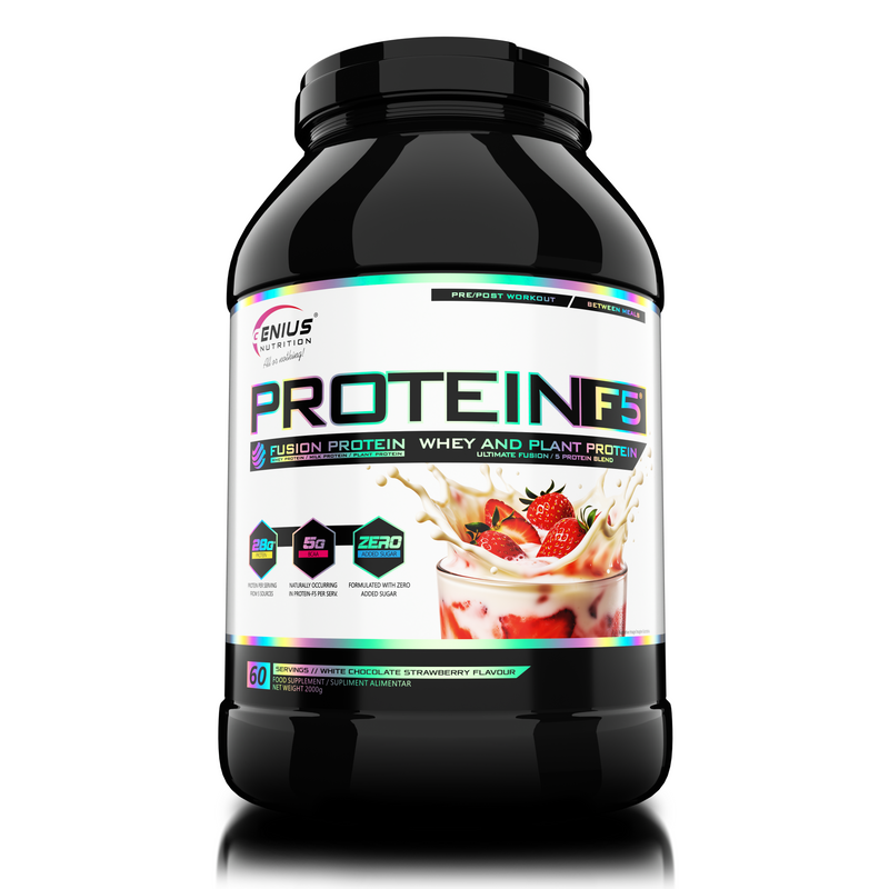 Load image into Gallery viewer, PROTEIN-F5 2000g 60serv Genius Nutrition White Chocolate Strawberry - Protein supplement with a blend of five proteins: whey concentrate, milk, soy, egg, and pea, designed for recovery and muscle growth.