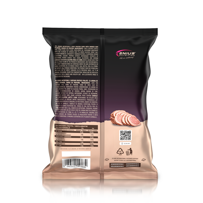 Load image into Gallery viewer, PROTEIN CHIPS 65g Genius Nutrition Smoked Ham - Crunchy protein chips made with 46% lentils for a delicious and nutritious snack.