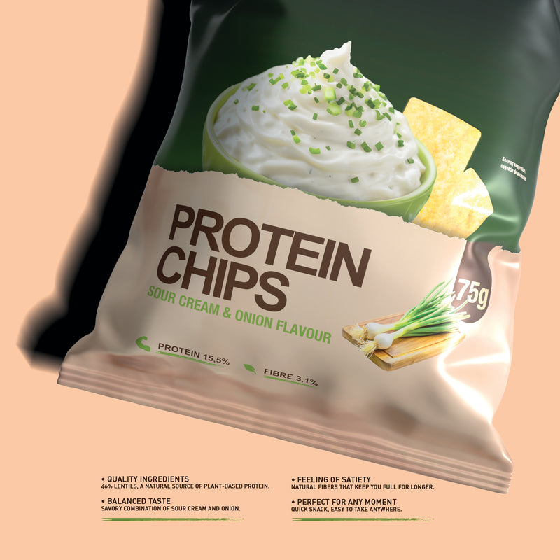 Load image into Gallery viewer, PROTEIN CHIPS 75g Genius Nutrition Sour Cream & Onion - Crunchy protein chips made with 46% lentils for a delicious and nutritious snack.