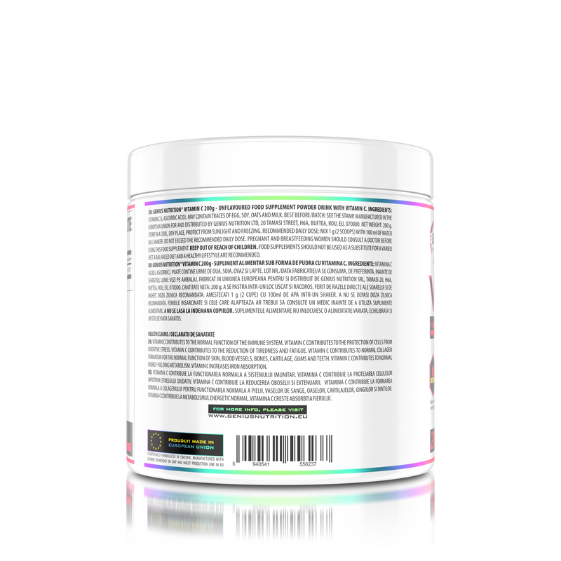 Load image into Gallery viewer, VITAMIN C 200g 200serv Genius Nutrition Unflavored - Vitamin C supplement that supports thyroid hormone production, promotes healthy blood vessel function and provides effective defense against the