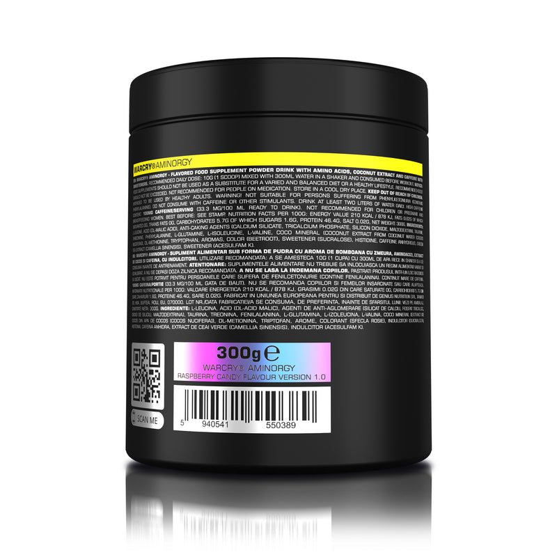 Load image into Gallery viewer, WARCRY AMINORGY 300g 30serv Genius Nutrition Raspberry Candy - Essential amino acid supplement with coconut water, caffeine, and green tea for muscle recovery, energy, mental clarity, and hydration.