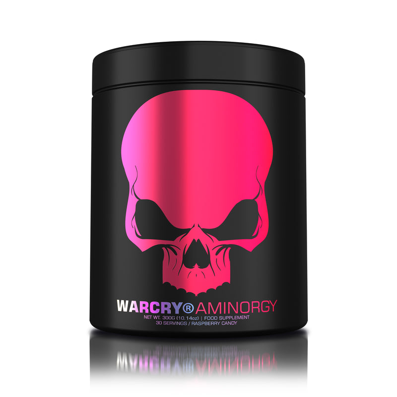 Load image into Gallery viewer, WARCRY AMINORGY 300g 30serv Genius Nutrition Raspberry Candy - Essential amino acid supplement with coconut water, caffeine, and green tea for muscle recovery, energy, mental clarity, and hydration.