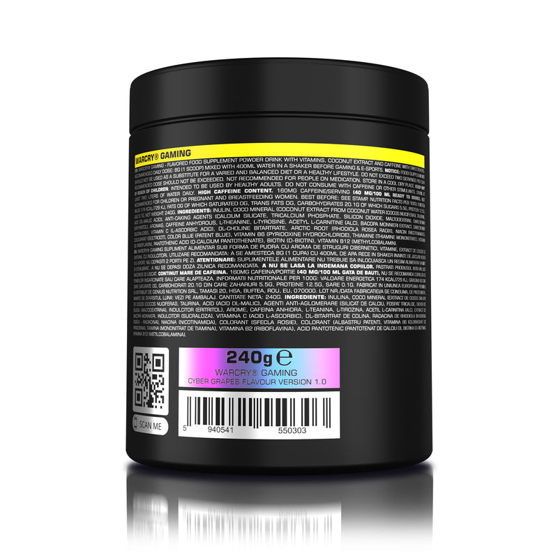 Load image into Gallery viewer, WARCRY GAMING 240g 30serv Genius Nutrition Cyber Grapes - Supplement designed for high-intensity gaming sessions, enhancing cognitive focus, boosting energy, sharpening memory, alleviating stress, and promoting optimal hydration.